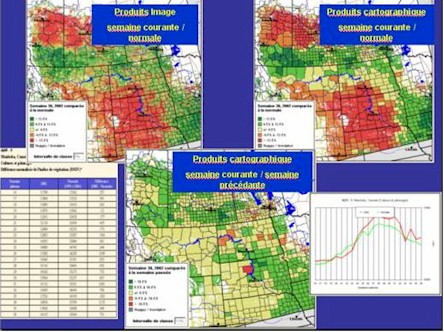 Les produits disponibles pour cette application sont des images satellites, des cartes thématiques, des graphiques et des tableaux de données.
