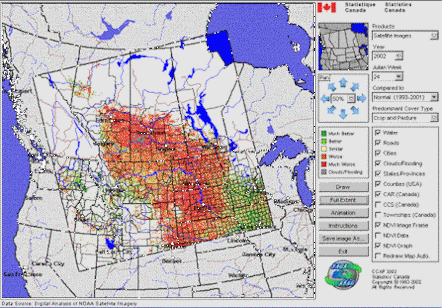 The graphical interface of this application shows a main mapping area, a legend, an index map, cartographi navigation tools and options that the user can choose to modify the contents of the map.